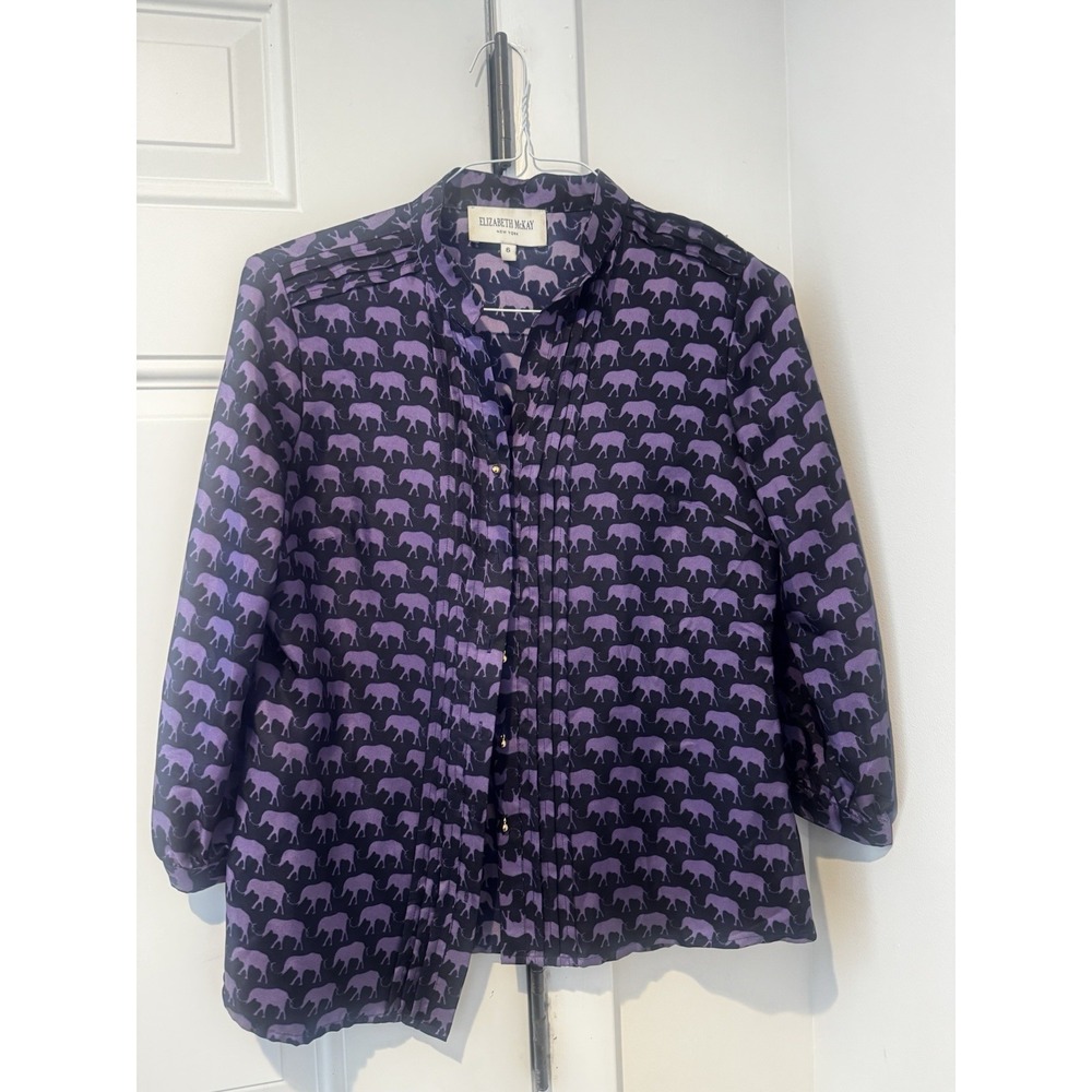 Elizabeth McKay Women's Purple Silk Elephant Button Down Blouse Shirt Sz 6